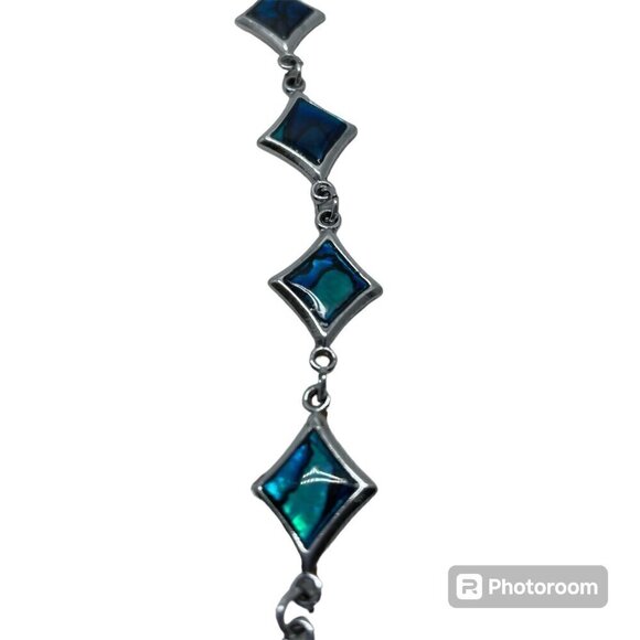 Silver Tone Metal and Blue Swirls Bracelet Lightweight Jointed Bracelet - Picture 2 of 7